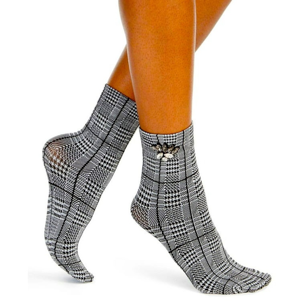 Inc International Concepts Glen Plaid Rhinestone Embellished Ankle Sock
